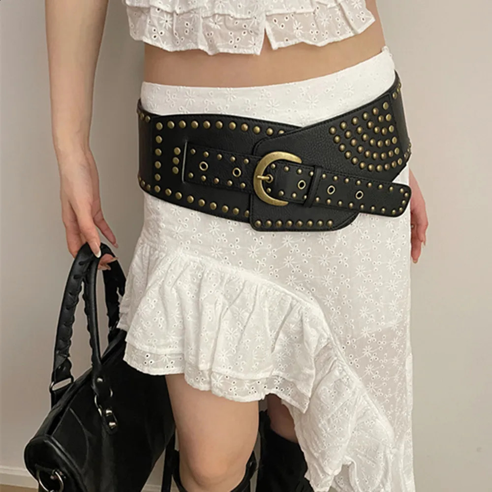 Punk Leather Wide Waist Belt Corset for Womens Hollow Out Cummerbunds Concave-shaped Waistband Adjustable Belt Rivet DIY Vintage 241227