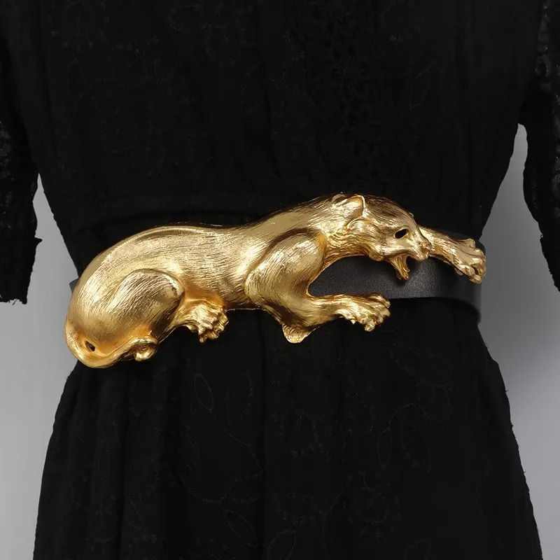 Womens Fashion Black Genuine Leather Gold Leopard corset Female Cummerbund Coat Waistband Dress Decration Wide Belt J005 241227