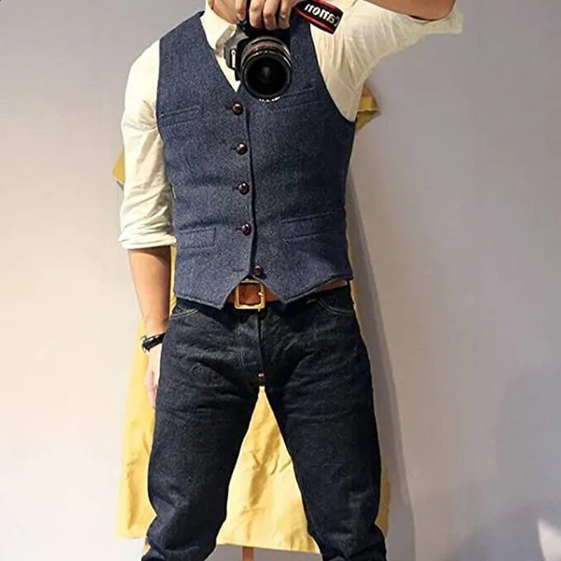 V Neck Mens Suits Vest Casual Classic Formal Business Herringbone Tweed Slim Fit Waistcoat For Wedding Groomsmen 241224Z