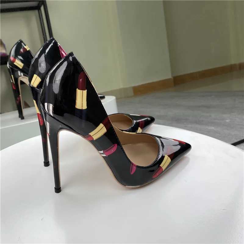 Heelgoo Newly Lipsticker Print Women Glossy Pointy Toe High Heel Black Party Shoes Slip On Stilettos Pumps Plus Size 33-46C241228