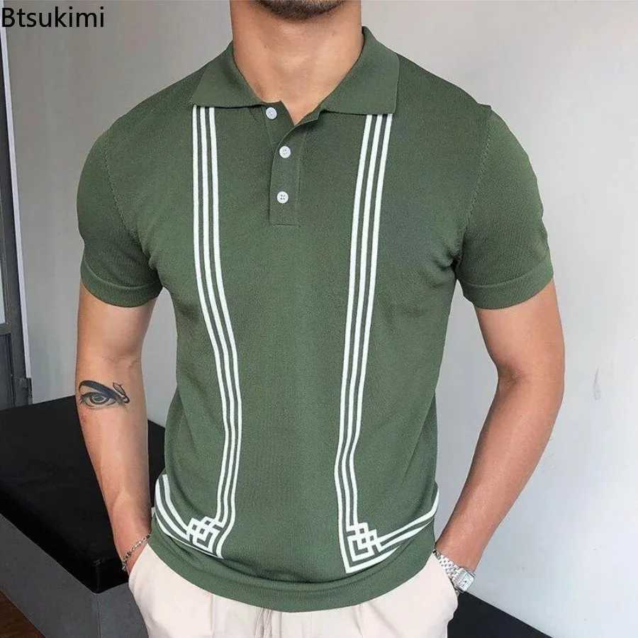 Hot Sale Mens Summer Clothes Luxury Style Slim Green Stripe shirt Shirts Male Knitted Short Sleeve shirt T shirts Mens Shirts X241228