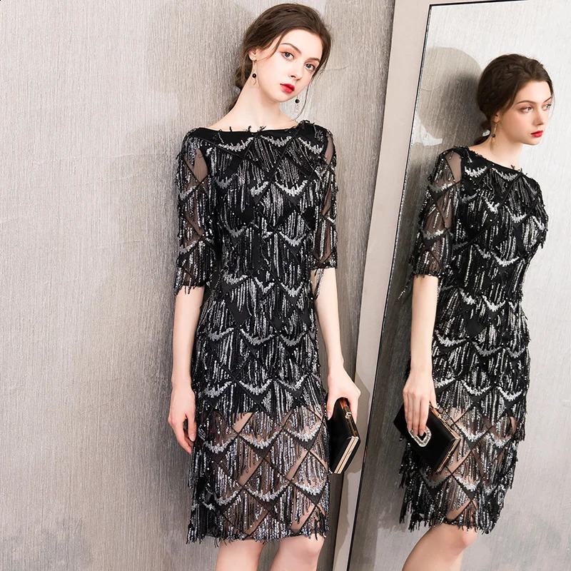 Customized Black O-neck Half Sleeves Evening Dress Straight Sequin Elegant Womens Dress Formal Party Prom Dress 241223