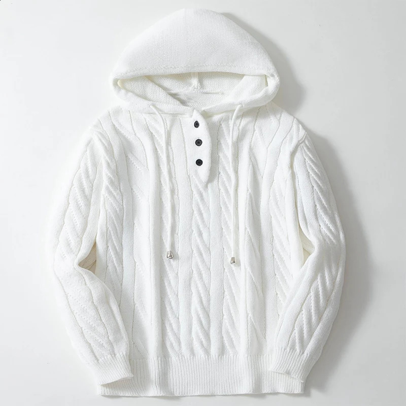 Mens winter knitted button down jacquard hooded sweater long sleeved solid color knitted retro casual brushed hooded sweater M-3XL 241227