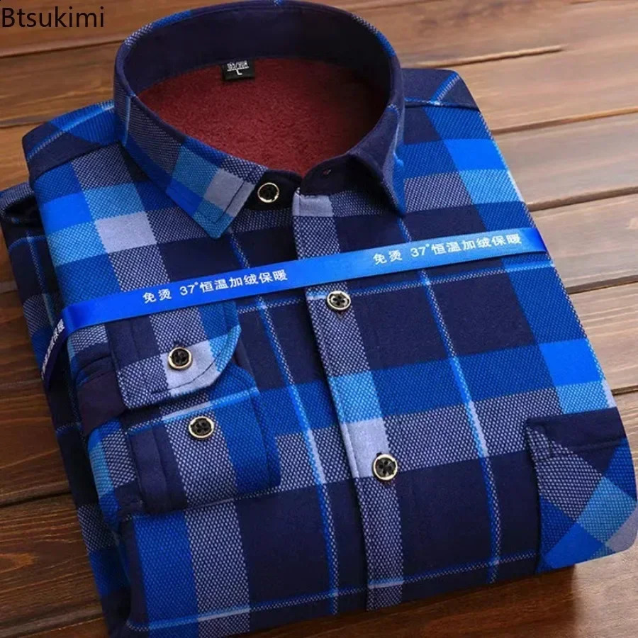2025 Mens Long Sleeve Warm Plaid Shirt Autumn Winter Thick Fleece Casual Oversized Shirt Male Vintage Sweater Men Clothing 241223