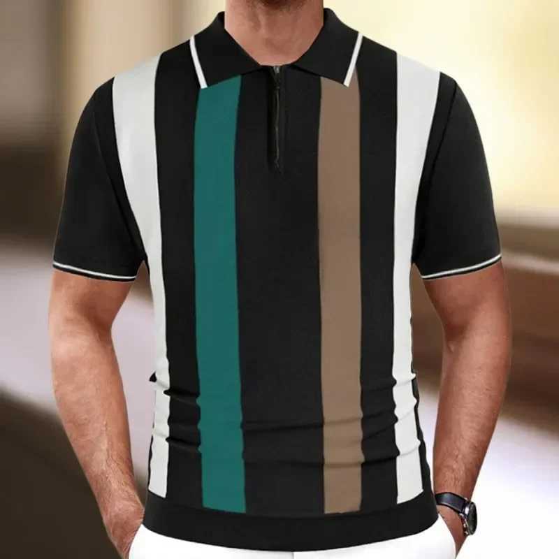 Summer zipper neck polar mens luxury knitted short sleeved shirt shirt casual street clothing striped patch work top fashionable knitted top X241228