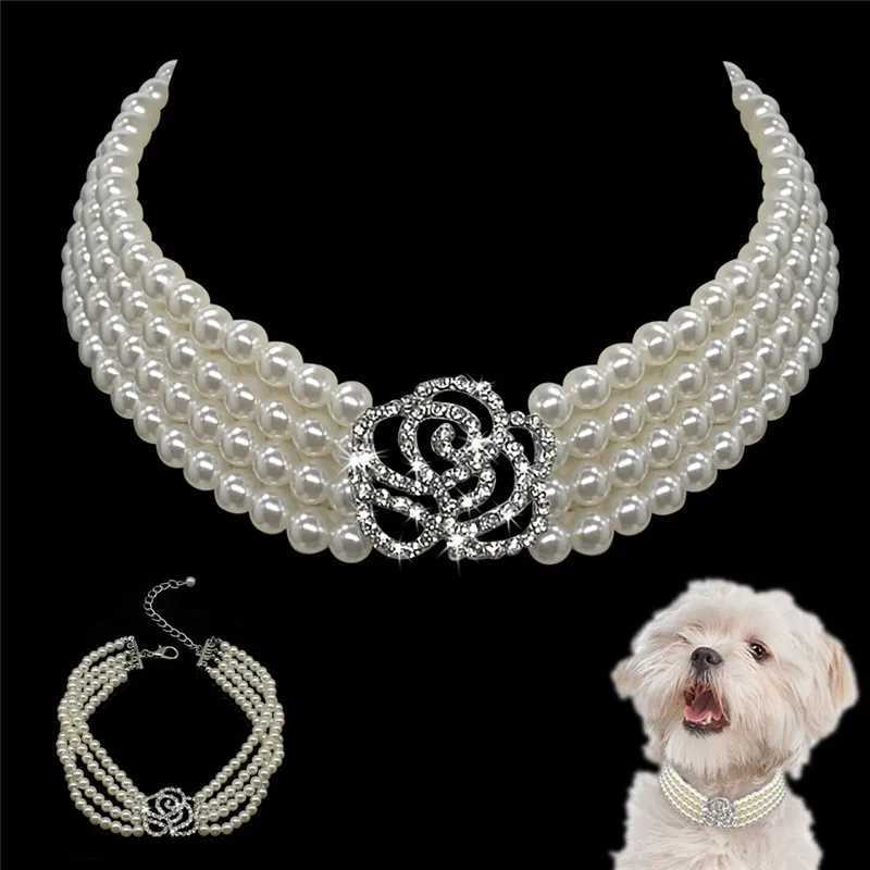 Pearl necklace dog collar fashionable jewelry puppy cat collar rhinestone artificial diamond rose dog pet accessories M241228