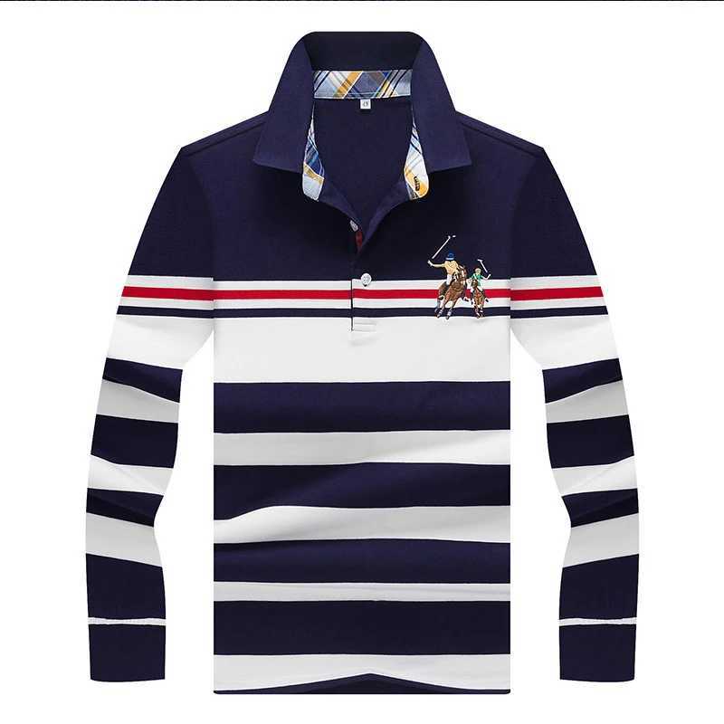 Mens autumn new long-sleeved mens T-shirt Business striped lapel mens T-shirt cotton shirt shirt X241228