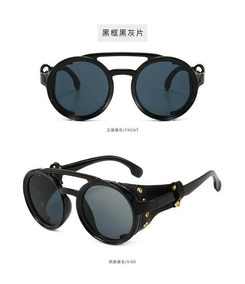 New Steampunk Shields Sunglasses Men Women Classic Sun Glasses with Side Leather Round Eyewears Punk UV400 LensXJ241228