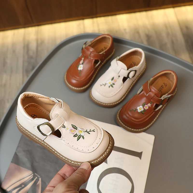 Toddler Girls Mary Janes Embroidery Flower Vintage Kids Autumn Flat Shoes 21-30 Beige Khaki Light Comfy Slish Children Shoe W241228