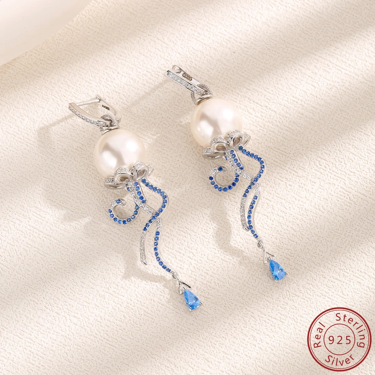 S925 Sterling Silver Simple Pearl White Blue Zircon Earrings with Circles High Quality Temperament Versatile Octopus Ornaments 241226