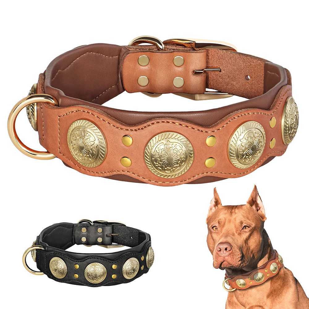 Real Leather Dog Collar Genuine Leather Dog Collars Spiked Studded Big Dog Collar Adjustable Necklace For Medium Large Dogs Pug M241228