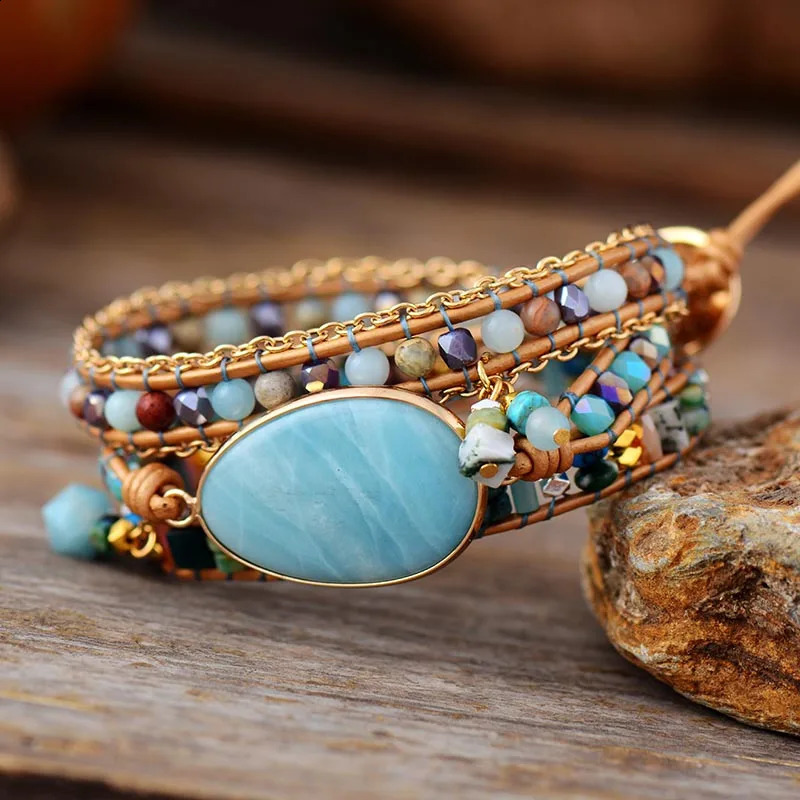 Multilayered Leather Wrap Bracelet W/ Natural Stone Item Beaded Strands Bracelet Boho Beads Jewelry Wholesale Dropship 241227