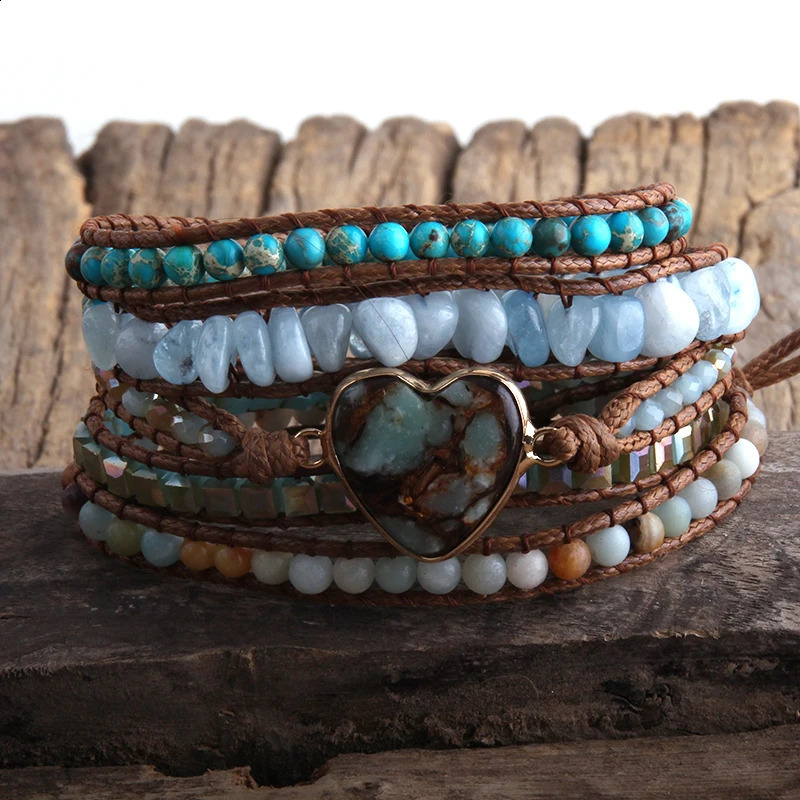 RH Fashion Bohemian Jewelry Women Vegan Boho Bracelet Mixed Natural Stones Heart Charm 5 Strands Wrap Bracelets Drop 241227