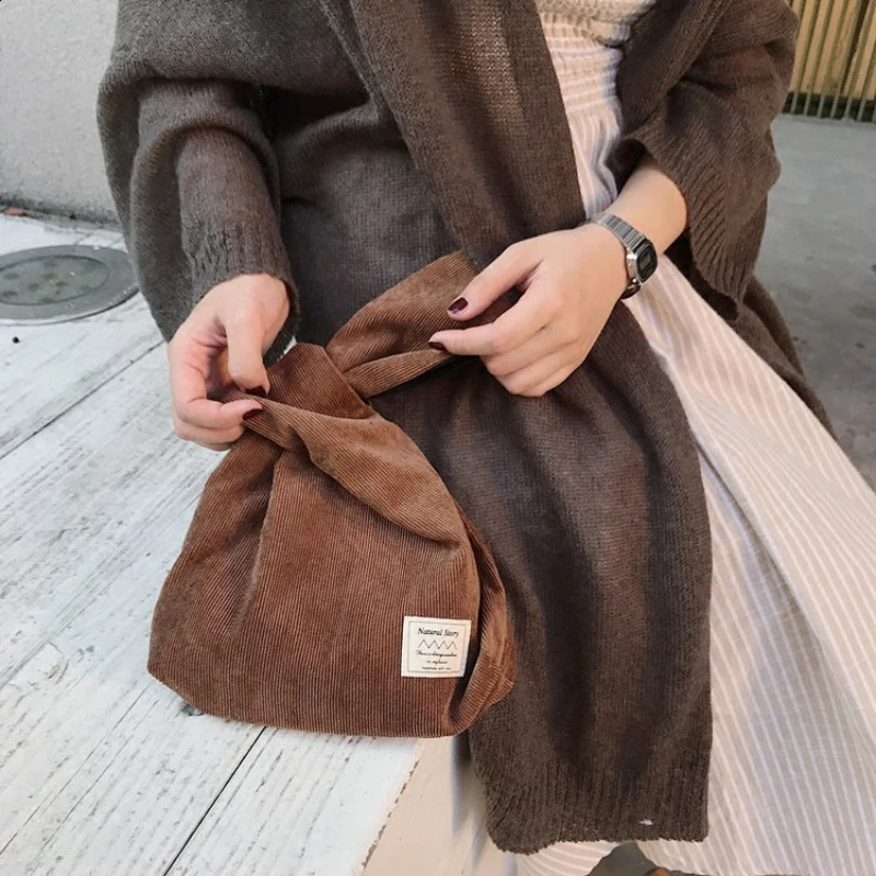 Women Knot Wrist Bag Handmade Corduroy Handbag Japanese Casual Color Wide Stripe Coin Purse Phone Key Storage Tote Pouch 241227
