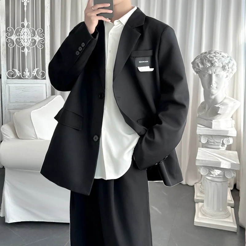 mens casual jacket solid label patch oversized streetwear Korean oversized suit mens jacket 241227