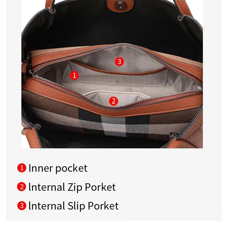 VM FASHION KISS Stripes Handbag Canvas+Genuine Leather 2024 Popular Women's Bags Large Retro Checkered Shoulder Messenger Bag