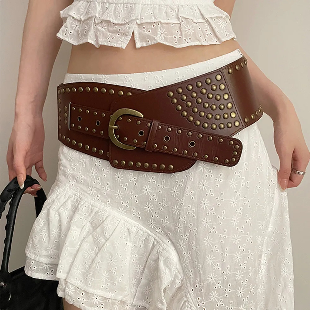 Punk Leather Wide Waist Belt Corset for Womens Hollow Out Cummerbunds Concave-shaped Waistband Adjustable Belt Rivet DIY Vintage 241227