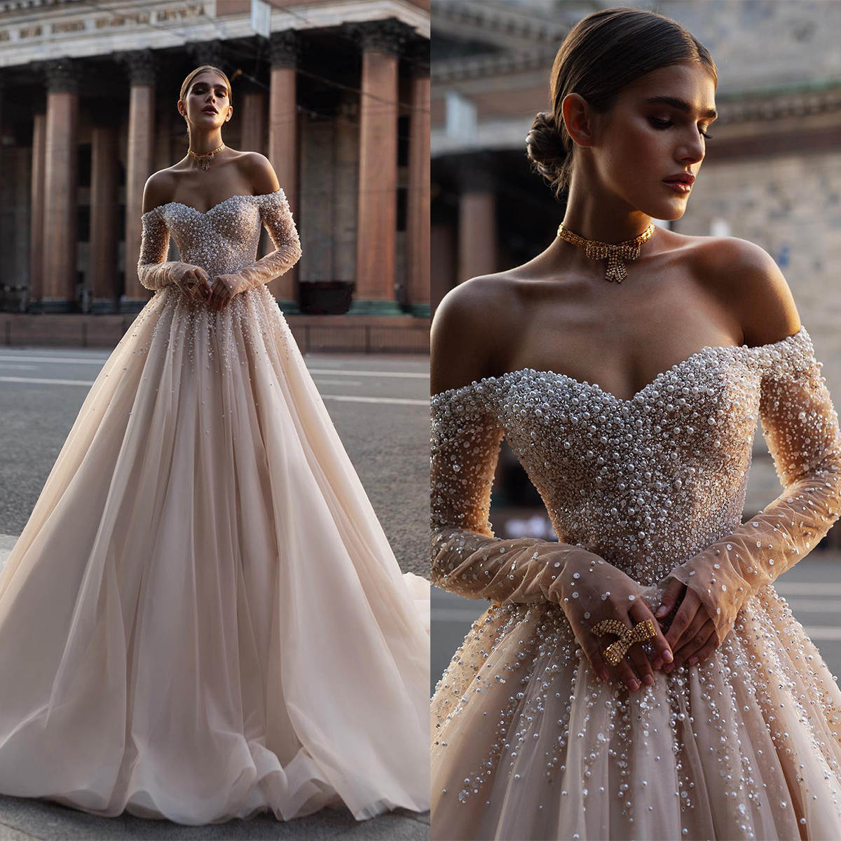 2025 Shining A-Line Wedding Dresses Lace Strapless Sleeveles Appliques Beaded Lace Up Custom Made Pearl Sweep train Bridal Dress Vestidos De Novia