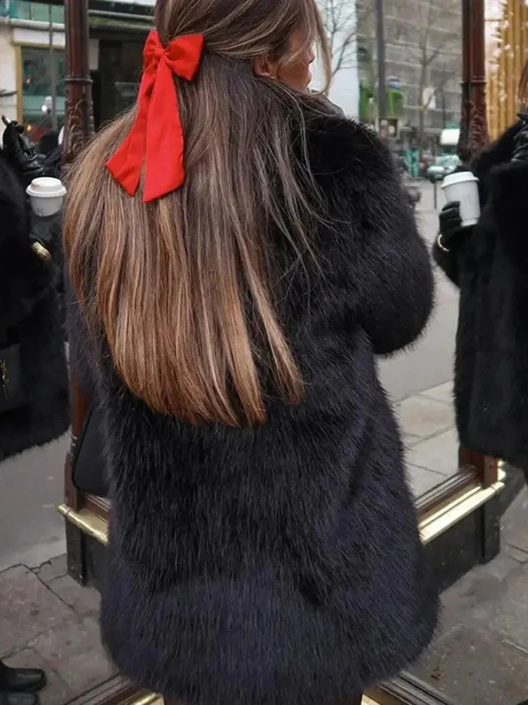 Black Thick Faux Fur Coat Vintage Loose Lapel Singlebreasted Plush Fashion Female Winter Versatile Warm Streetwear 241223