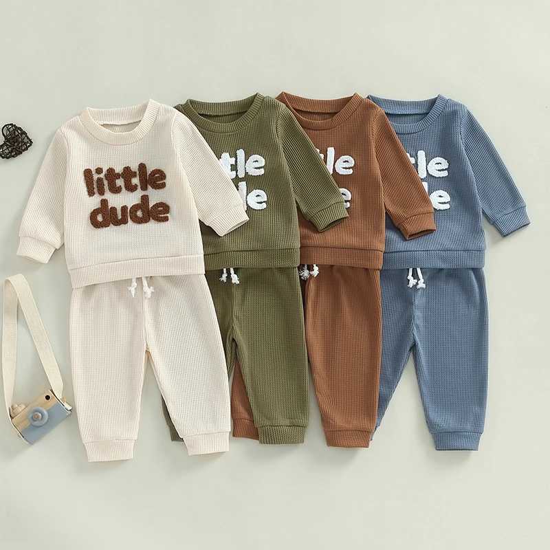 2024-05-21 Lioraitiin Toddler Boy Girl Waffle Outfit Letter Embroidery Long Sleeve Sweatshirt with Elastic Waist Solid Pants Set X241228