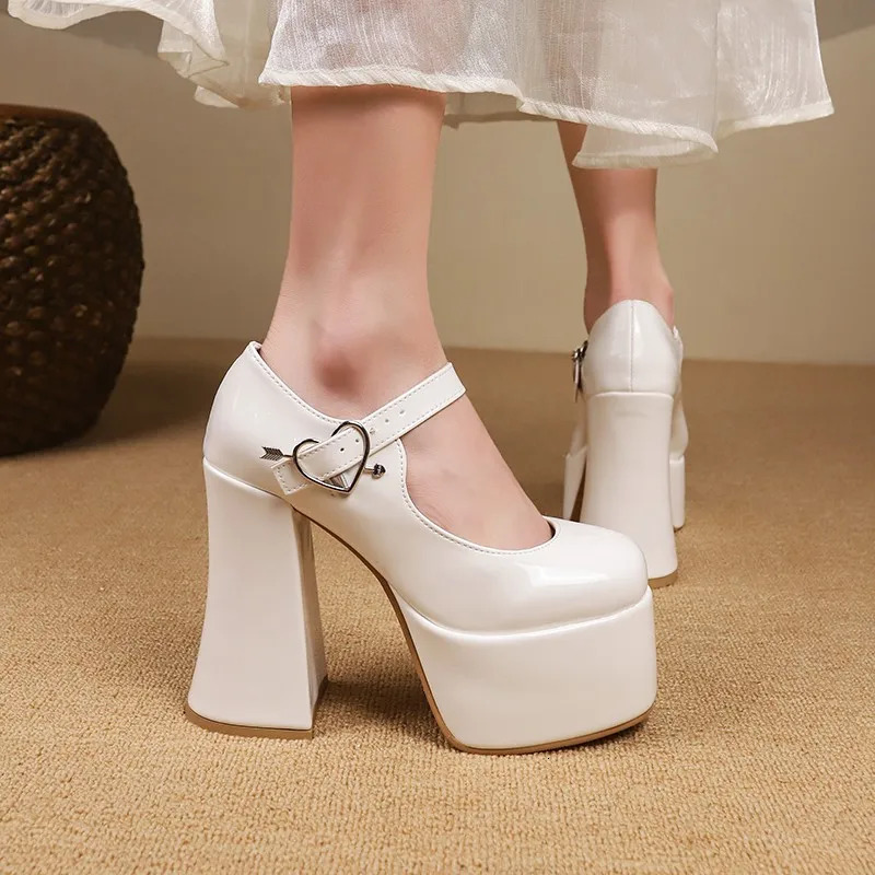 Women's PU Leather Platform Chunky Heeled Pumps Solid Color Ankle Strap Sandals Sexy Party Dress Shoes Heels