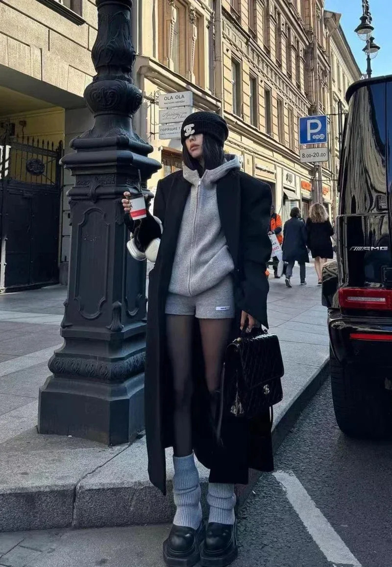 Y2k American Casual Sports Suit Lazy Hooded Cardigan Solid Color Loose Sweater Jacket Tight Shorts Gray Two Piece Set for Women 241224
