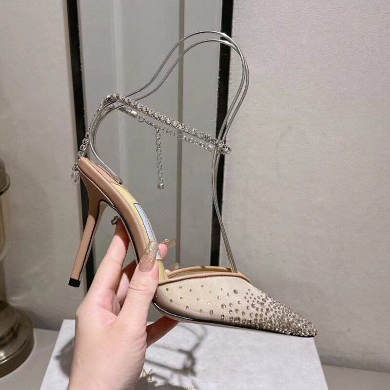 Rhies Mesh Women Pumps Sexy Ankle Strap Crystal Pendant Thin High Heels Fashion Spring Summer Wedding Prom Shoes