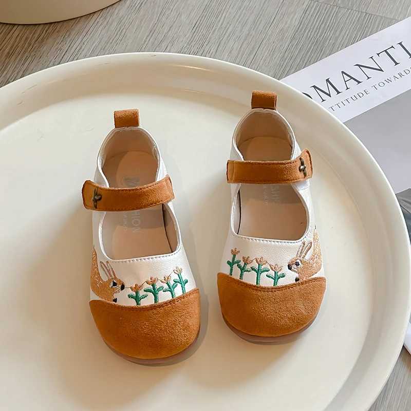 Spring Girls Princess Shoes Embroider Rabbit Cute Children Flat Shoe Patchwork Light Lovely Shallow Daily Kids Mary Janes 23-35 W241228