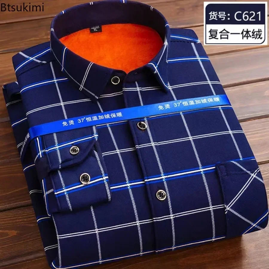 2025 Mens Long Sleeve Warm Plaid Shirt Autumn Winter Thick Fleece Casual Oversized Shirt Male Vintage Sweater Men Clothing 241223