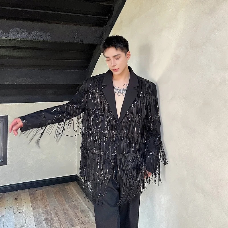 PFHQ autumn and winter personalized tassel sequin double-layer mesh lapel casual suit trendy solid color mens jacket 21Z7021 241227