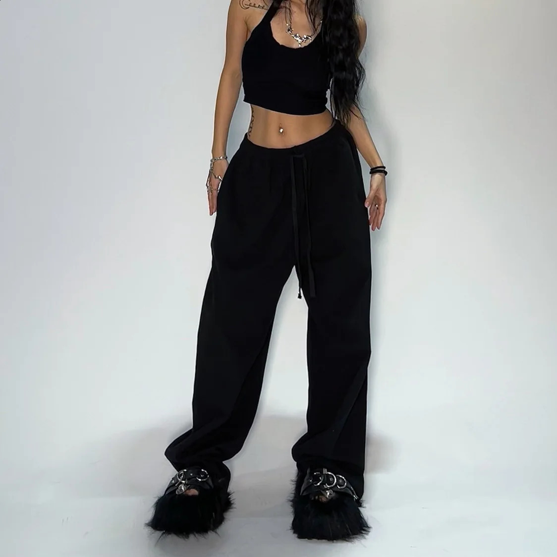 Y2K Casual and Grey Sweatpants for Women with Starchy Waist Loose Fit Black Parachute Pants 241228