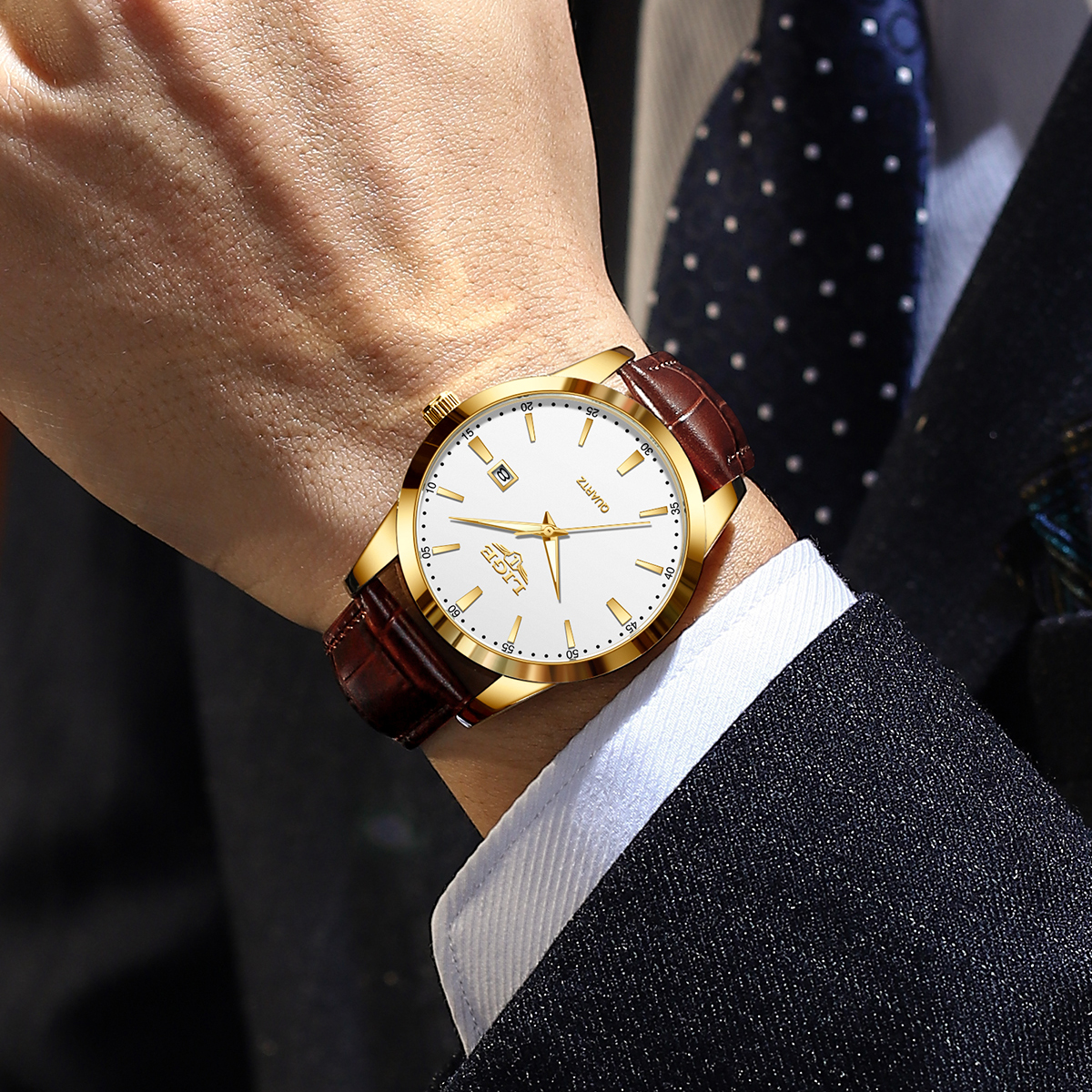 LIGE Men's Business Quartz Watch Premium Brand Watch Premium Leather strap Classic dial Men's Waterproof Watch Three pin calendar watch Holi