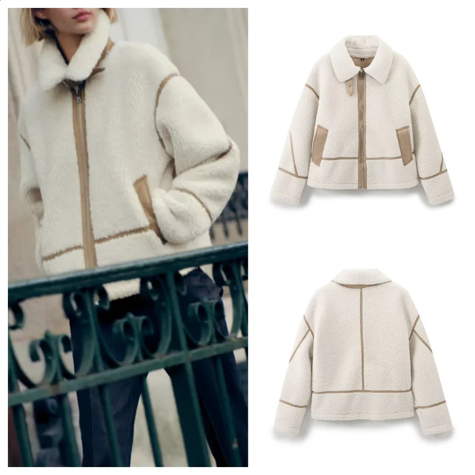 style lapel zipper sherpa jacket womens winter fashion warm fleece double-sided jacket 241227