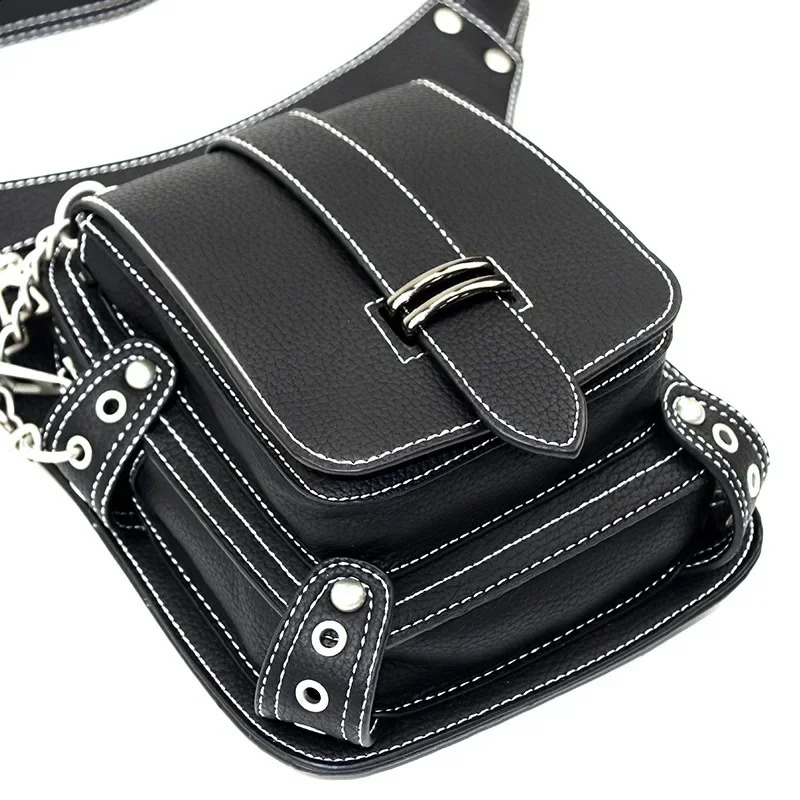 Fashion Simple Black Waist Bags for Men and Women Retro Punk PU Leather Outdoor Travel Fanny Pack Mobile Wallet Hanging Leg Bag 241228
