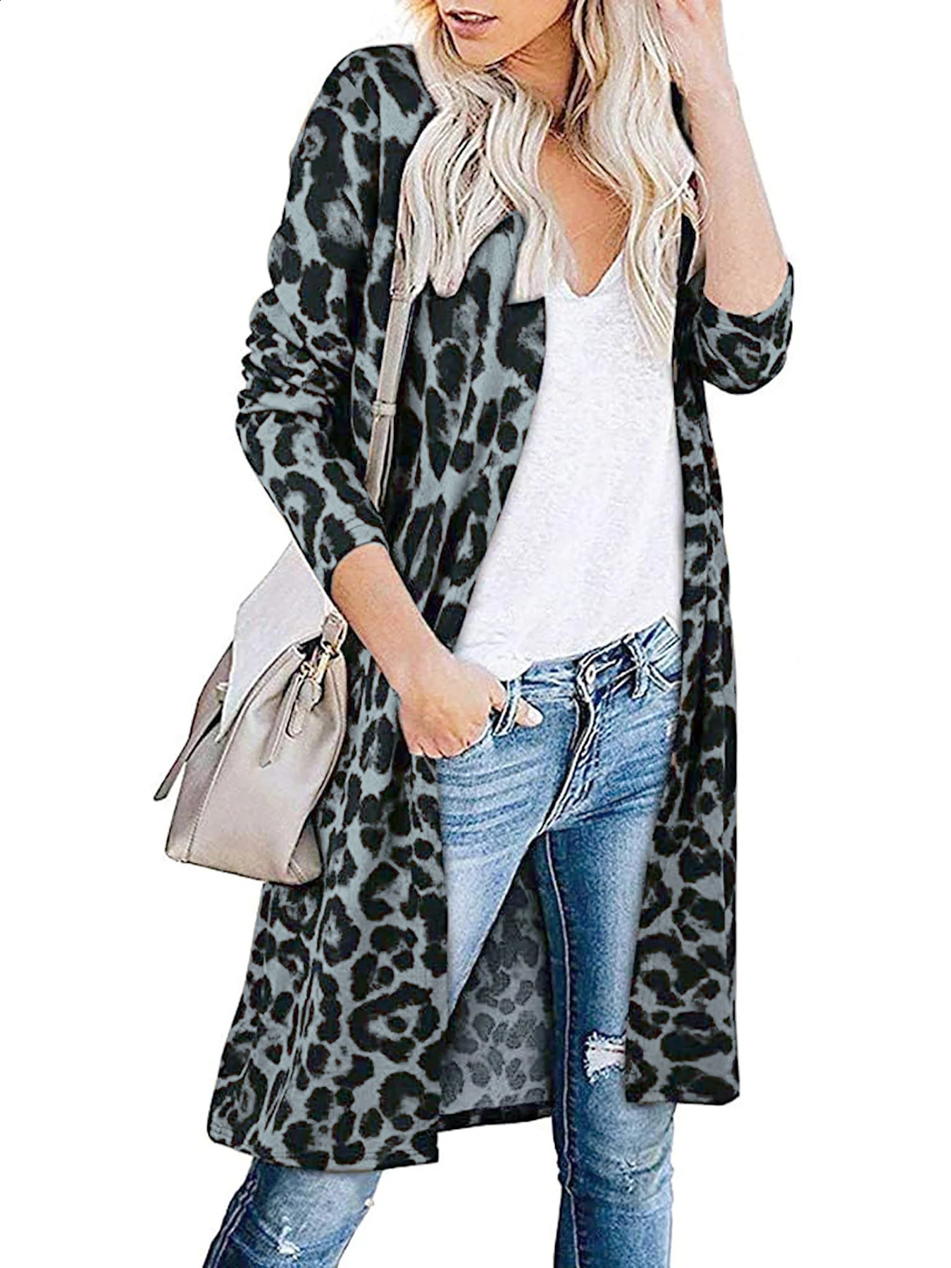 Stylish Leopard Print Open Front Cardigan Women Casual Full Long Sleeve Knitted Cardigans Ladies Fashion Long Coats 241227