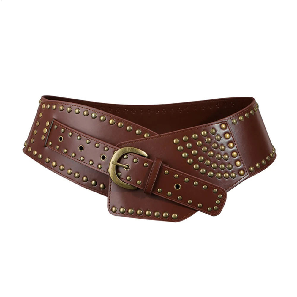 Punk Leather Wide Waist Belt Corset for Womens Hollow Out Cummerbunds Concave-shaped Waistband Adjustable Belt Rivet DIY Vintage 241227
