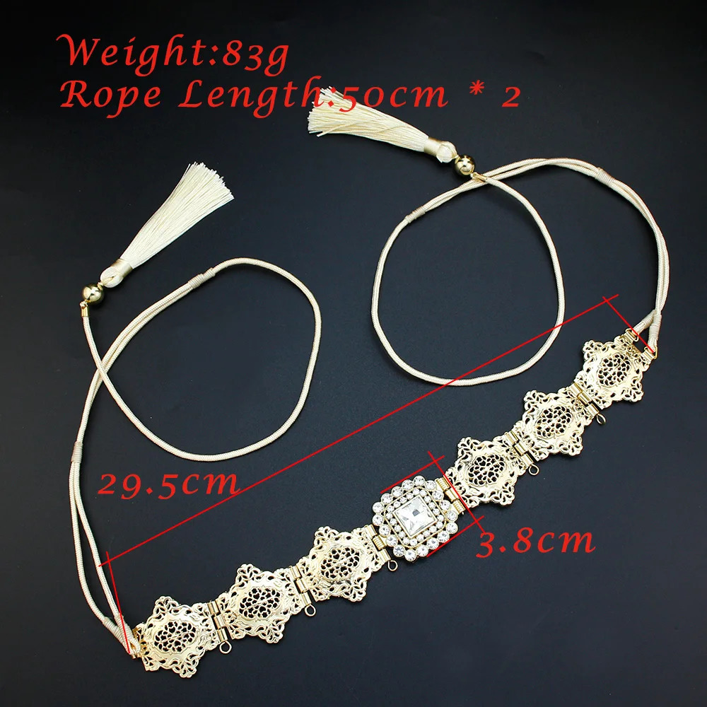 Sunspicems Gold Color Women Tassels Belt Hand Rope Waist Chain Crystal Morocco Bride Dress Belt Arabic Jewelry Thin Metal Sash 241227