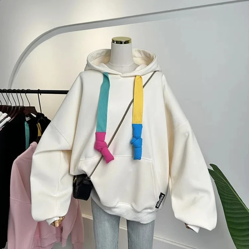 Korean 2024 Womens Spring Autumn Splicing Pullovers Hooked Fashion Pocket Solid Color Versatile Casual Long Sleeve Hoodies 241223