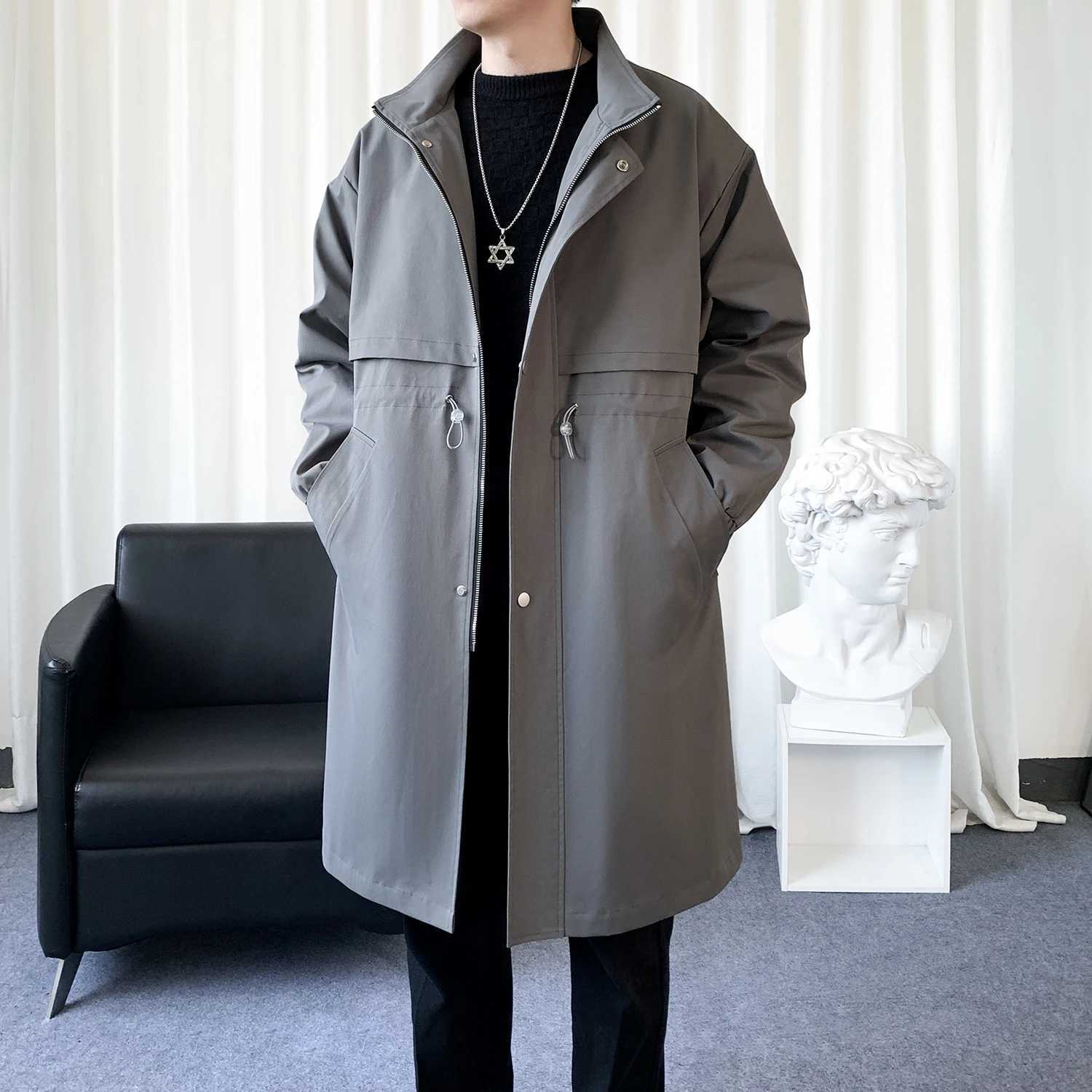 Long patch work trench coat casual collar mens clothing fashion paradigm cape single chest zipper top mens patchwork jacket W241228