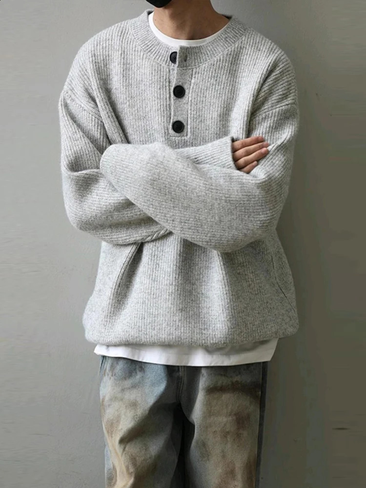 2025 Spring Casual Solid Color Sweaters Mens Knitted Pullover Tops Autumn Men Clothes Knitting Long Sleeve Knit Henley Shirts 241224