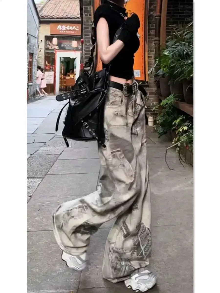 High Street Fashion Personality Retro Printed Thin Jeans for Women Waist Slimming Tie Dye Micro Pull Pants 241228