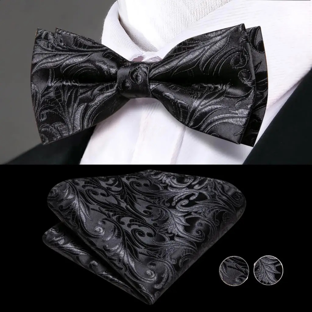 Hi-Tie Silk Black Floral Mens Cummerbunds Vintage Jacquard Bowtie Hanky Cufflinks Cummerbund Belt Corset For Male Wedding Events 241227