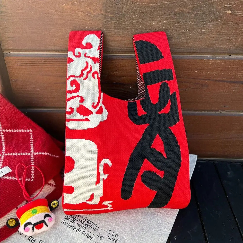 Simple Weave Knot Wrist Bag Handbag Gift Pack Year Knitted Bag Wool Bucket Bag Shopping Bags Dragon Year Tote Bag Girl 241227