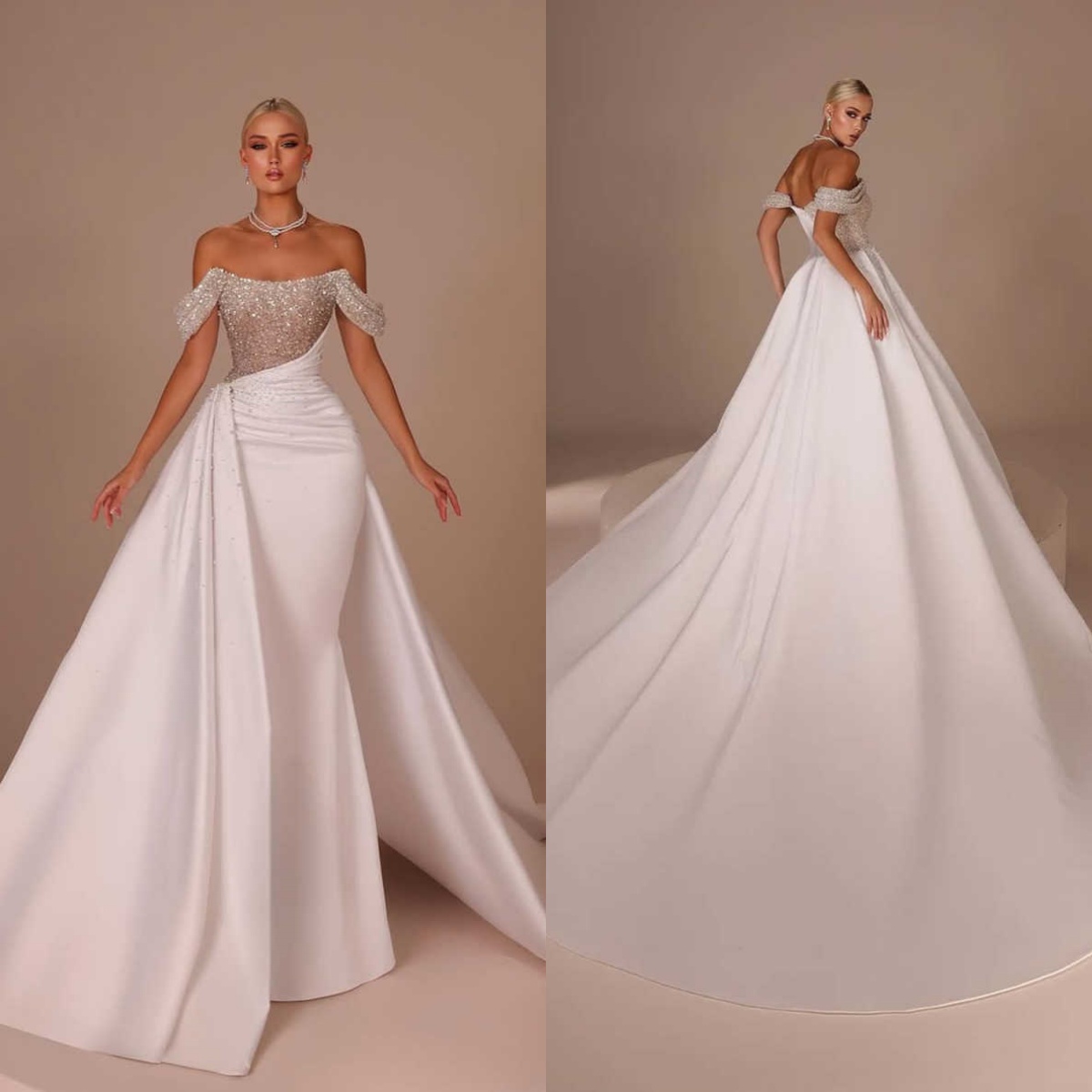 Gorgeous Mermaid Wedding Dress Pearls Sequins Beaded Off Shoulder Bride Gowns Sleeveless Sweep Train Bridal Dresses Customized