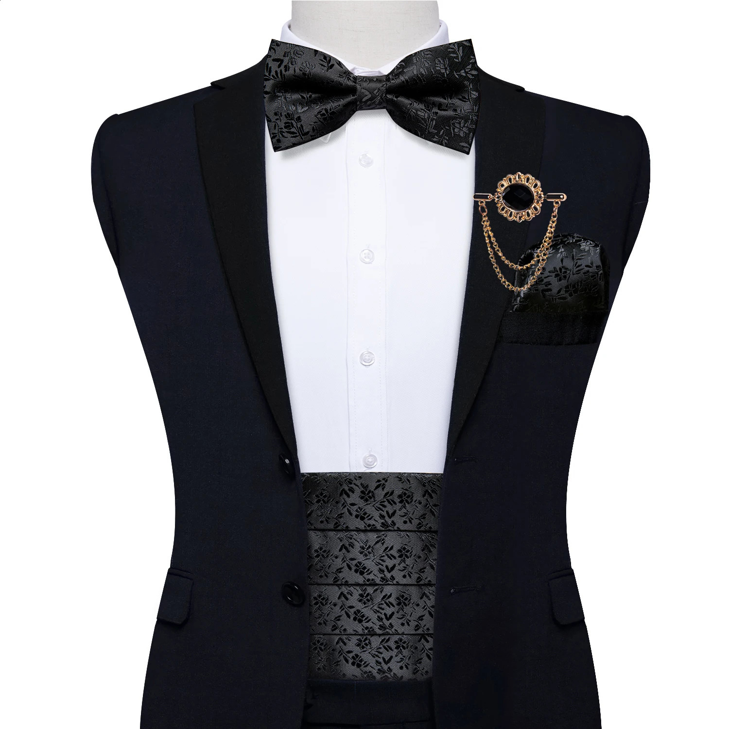 Black Floral Silk Wedding Mens Cummerbunds Bow Tie Brooch Set Tuxedo Formal Wide Belt Ceremonial Belt Elastic Waistband DiBanGu 241227