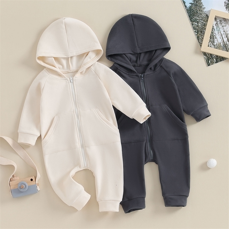Lioraitiin 0-18M born Baby Boy Infant Romper Boho Long SlEEve Hooded Jumpsuit Outfits Solid Color Warm Sweatshirts 241226