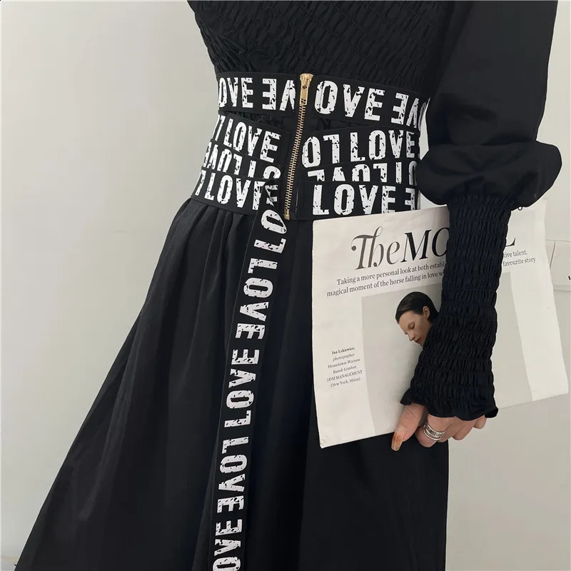 Getspring Women Cummerbunds Letter Printed Zipper Black Wide Belt Fashion Elastic Waistband All Match Ladies Waist Band Corset 241227