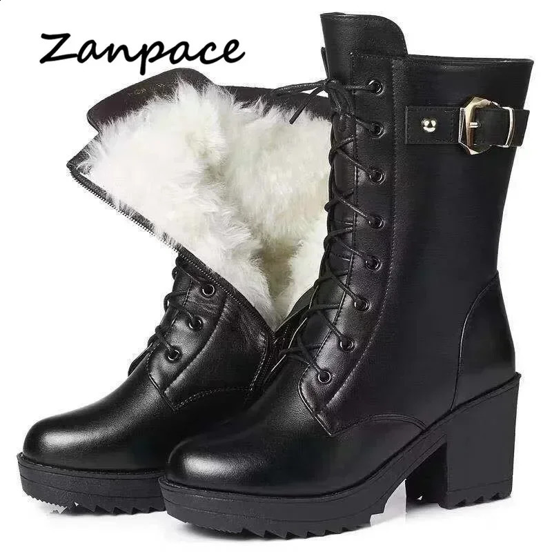 Winter Leather Women Boots Thick Wool Warm Highheeled Genuine Boot Highquality Female Snow Shoes 241223