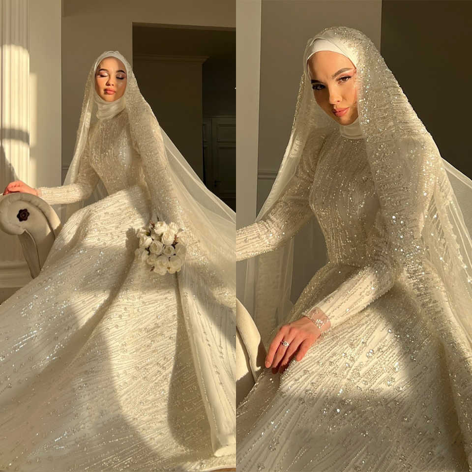 Muslim A Line Wedding Dresses With Veil Beaded Sequins Crystal High Neck Bridal Dress Beading Long Sleeve Bride Gown Customized
