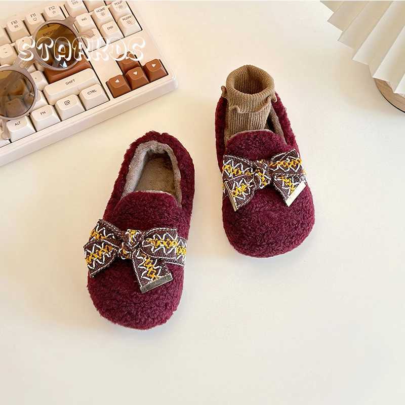 Luxury Bowknot Lambswool Loafer Baby Kid Winter Warm Teddy Fur Flat Shoes Toddler Girl Brand Design Embroider Tape Plush Shoes W241228